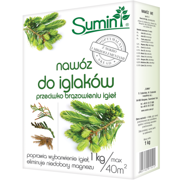 SUMIN NAWÓZ DO IGLAKÓW PRZECIWKO BRĄZOWIENIU IGIEŁ 1 kg OPTYMALNY SKŁAD