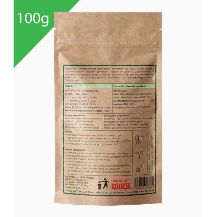 NAWÓZ "ZDROWY WZROST I KWITNIENIE" 100g DO POMIDORÓW, OGÓRKÓW I PAPRYKI AGRA NATURA
