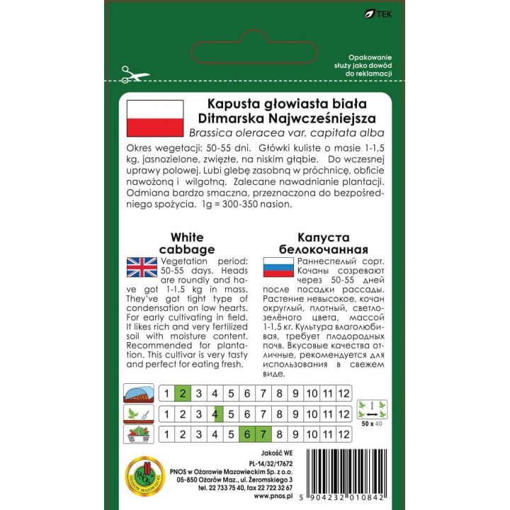 KAPUSTA GŁOWIASTA BIAŁA DITMARSKA 2g NAJWCZEŚNIEJSZA