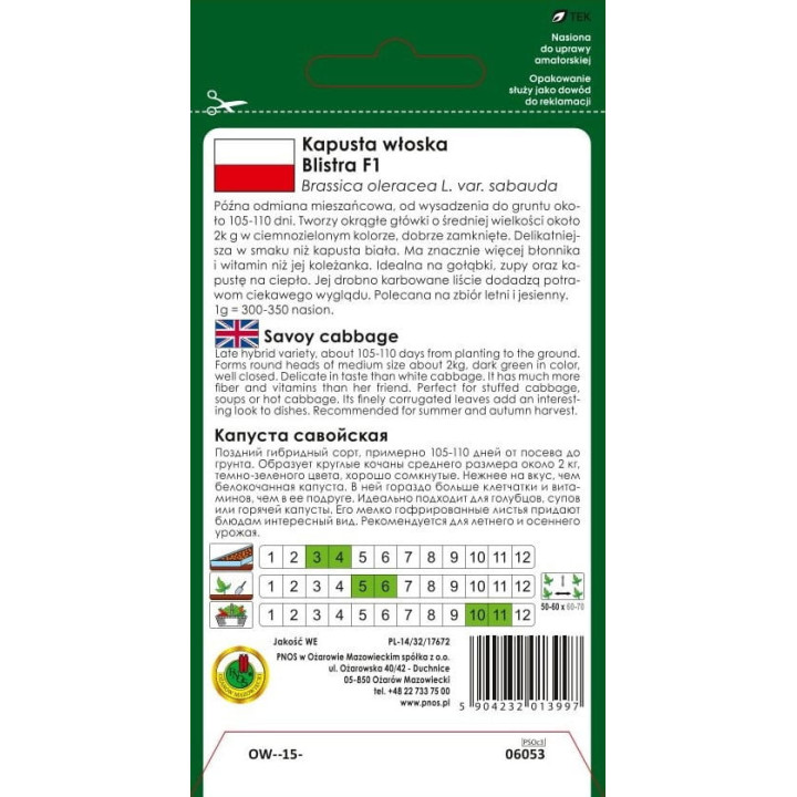 KAPUSTA GŁOWIASTA WŁOSKA BLISTRA F1 0,5g